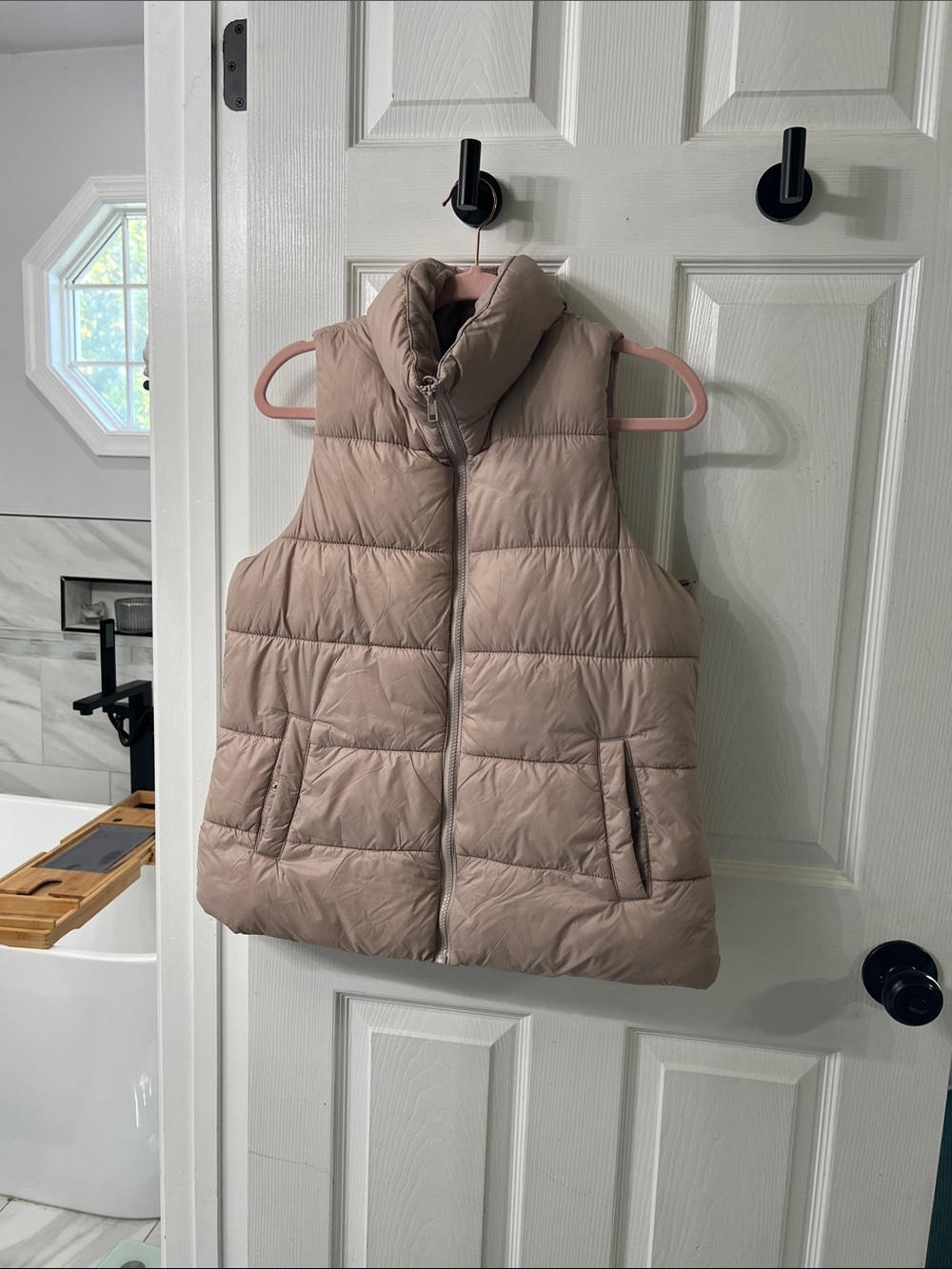 Old Navy Light Sorrel Long Puffer Vest Medium Taupe Beige Funnel Neck